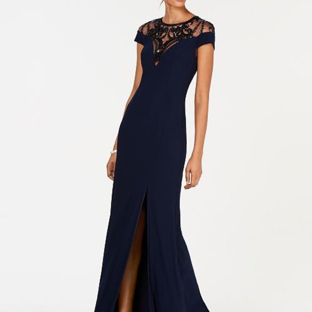 Adrianna Papell Illusion Neckline Midnight Navy Gown